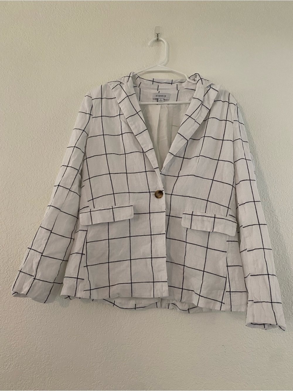 EVEREVE Asher Windowpane Linen Blend Blazer White Black Size Small Quiet Luxury
